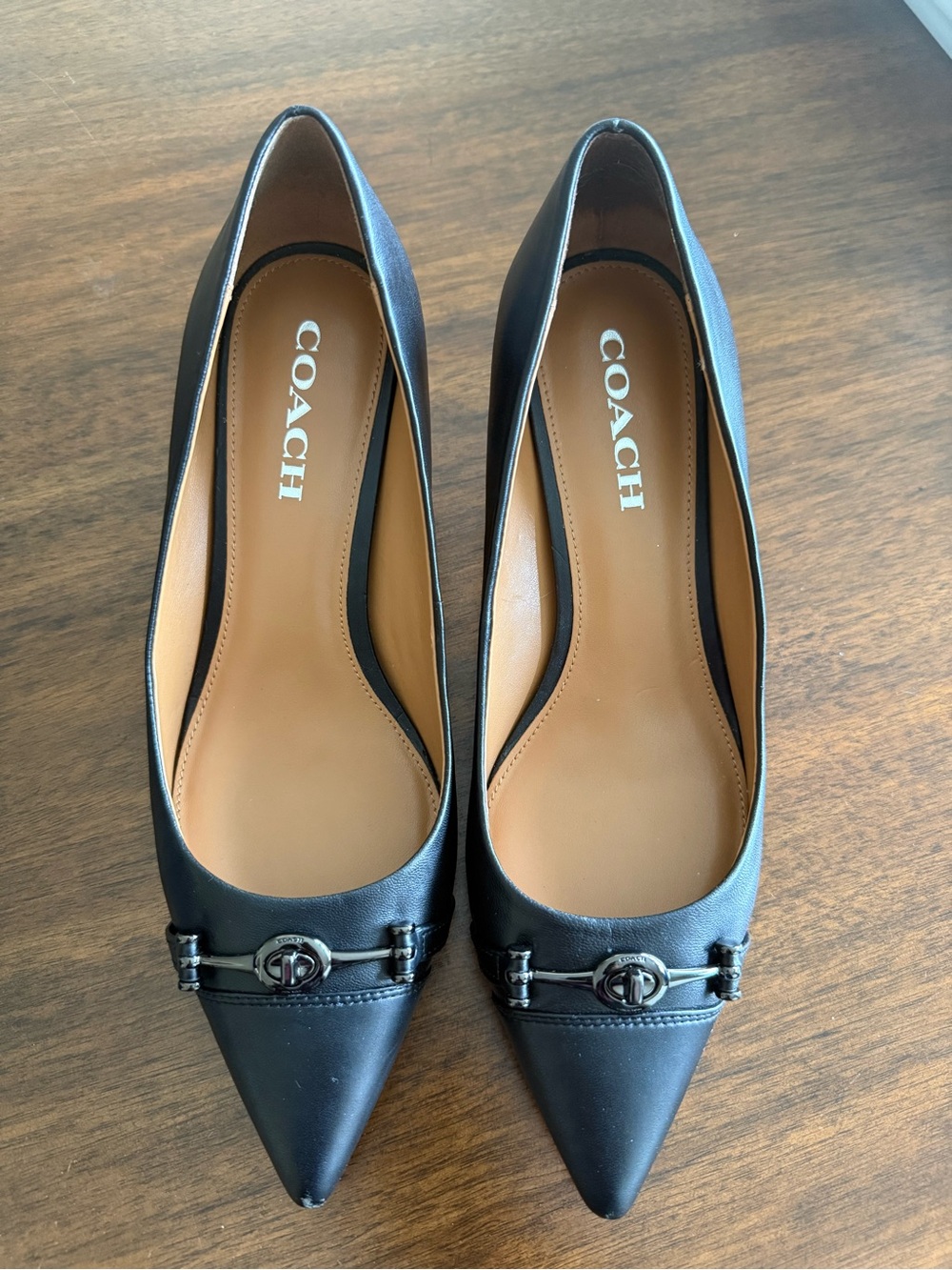 Coach Black Pointed Toe Leather Flats with Silver Turnlock